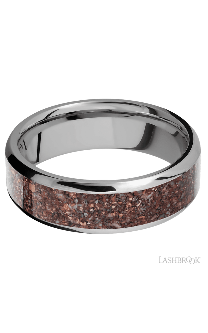 7 mm wide/Beveled/Titanium band with one 5 mm Centered inlay of Dinosaur Bone Mixed.