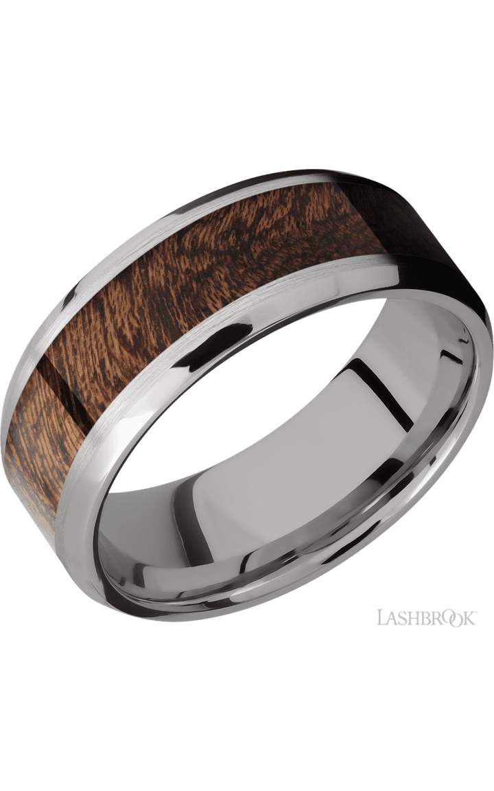 8 mm wide/Beveled/Titanium band with one 5 mm Centered inlay of Sapele.
