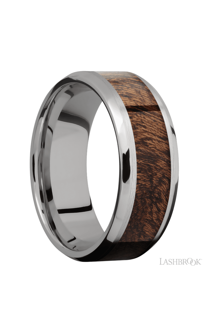 8 mm wide/Beveled/Titanium band with one 5 mm Centered inlay of Sapele.