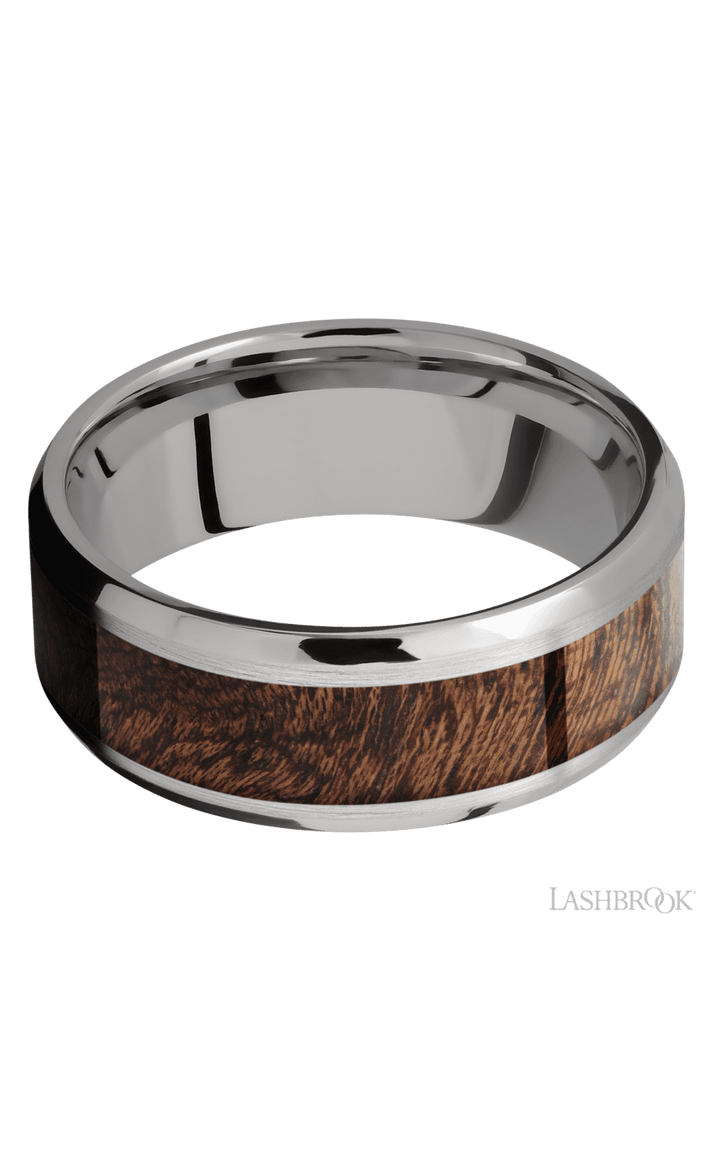 8 mm wide/Beveled/Titanium band with one 5 mm Centered inlay of Sapele.