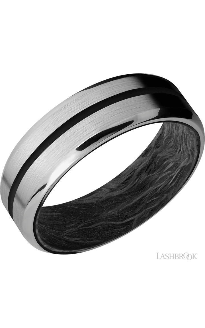 7 mm wide/Beveled/Titanium band with one 1 mm Centered inlay of Black also featuring a Forged Carbon Fiber sleeve.