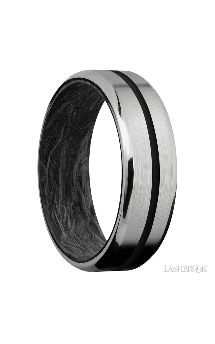 7 mm wide/Beveled/Titanium band with one 1 mm Centered inlay of Black also featuring a Forged Carbon Fiber sleeve.