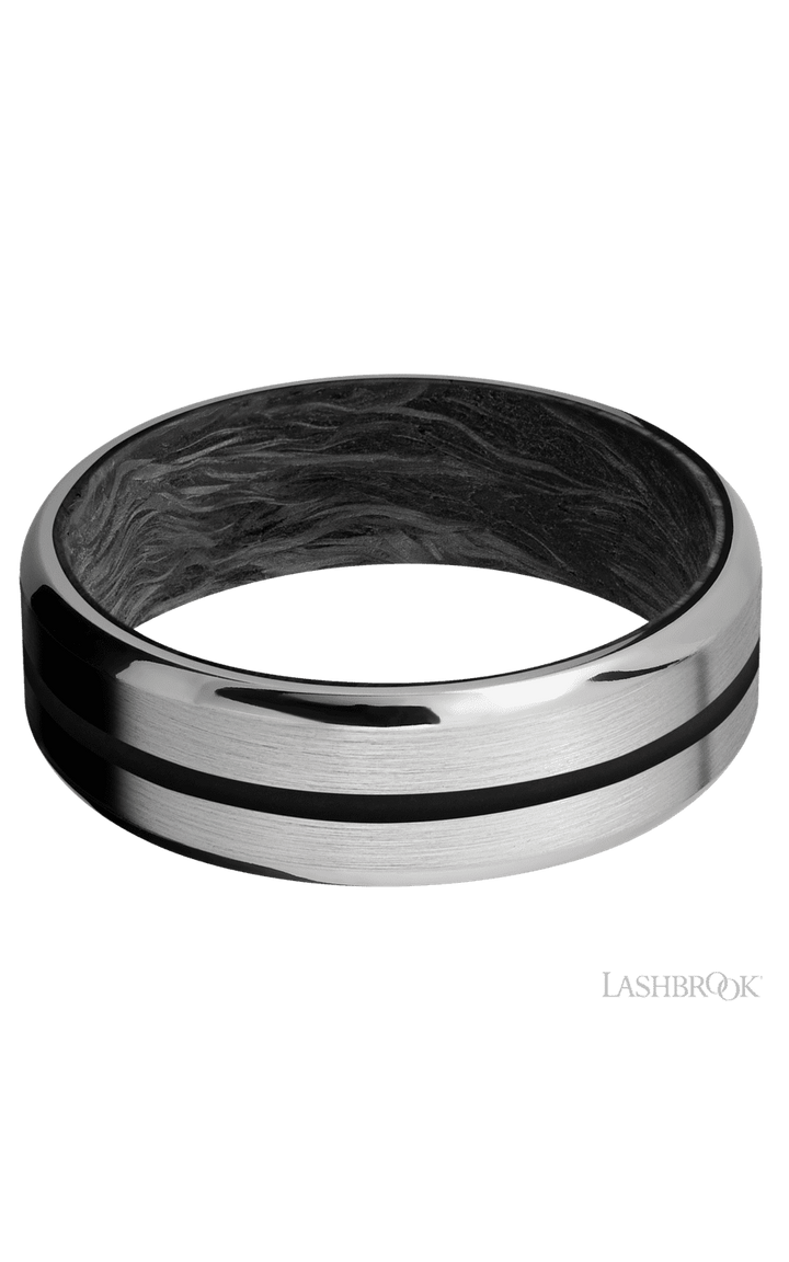 7 mm wide/Beveled/Titanium band with one 1 mm Centered inlay of Black also featuring a Forged Carbon Fiber sleeve.