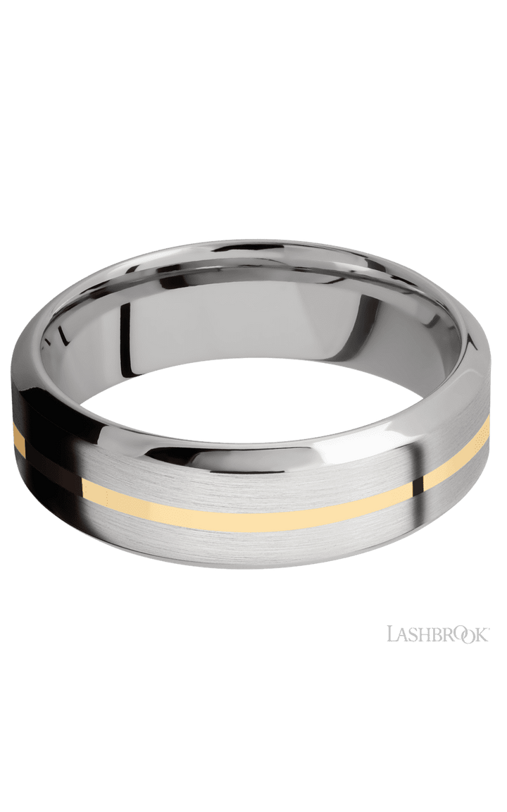 7 mm wide/High Bevel/14K White Gold band with one 1 mm Centered inlay of 14K Yellow Gold.