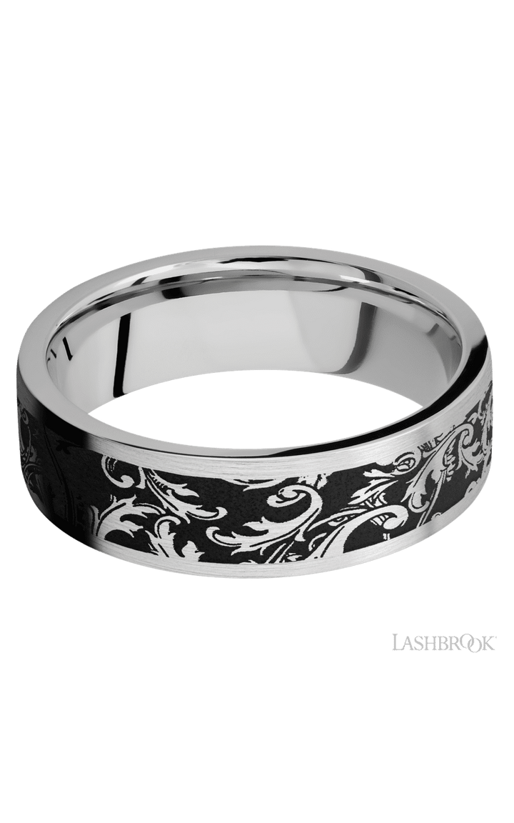 7 mm wide/Flat/Cobalt Chrome band with a laser carved Black Leaf pattern.