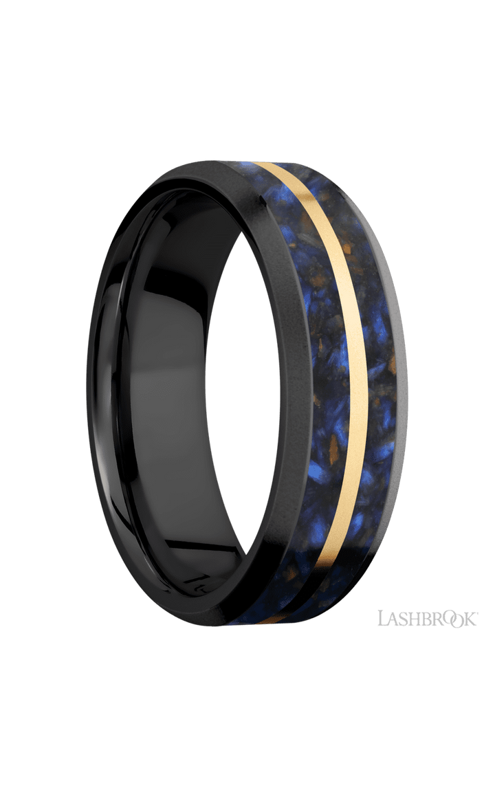 7 mm wide/Beveled/Zirconium band featuring inlays of Blue Tiger Eye and 14K Yellow Gold.