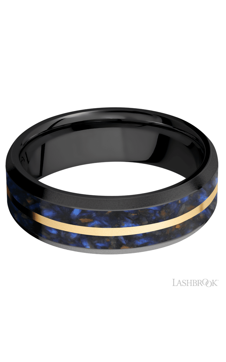 7 mm wide/Beveled/Zirconium band featuring inlays of Blue Tiger Eye and 14K Yellow Gold.