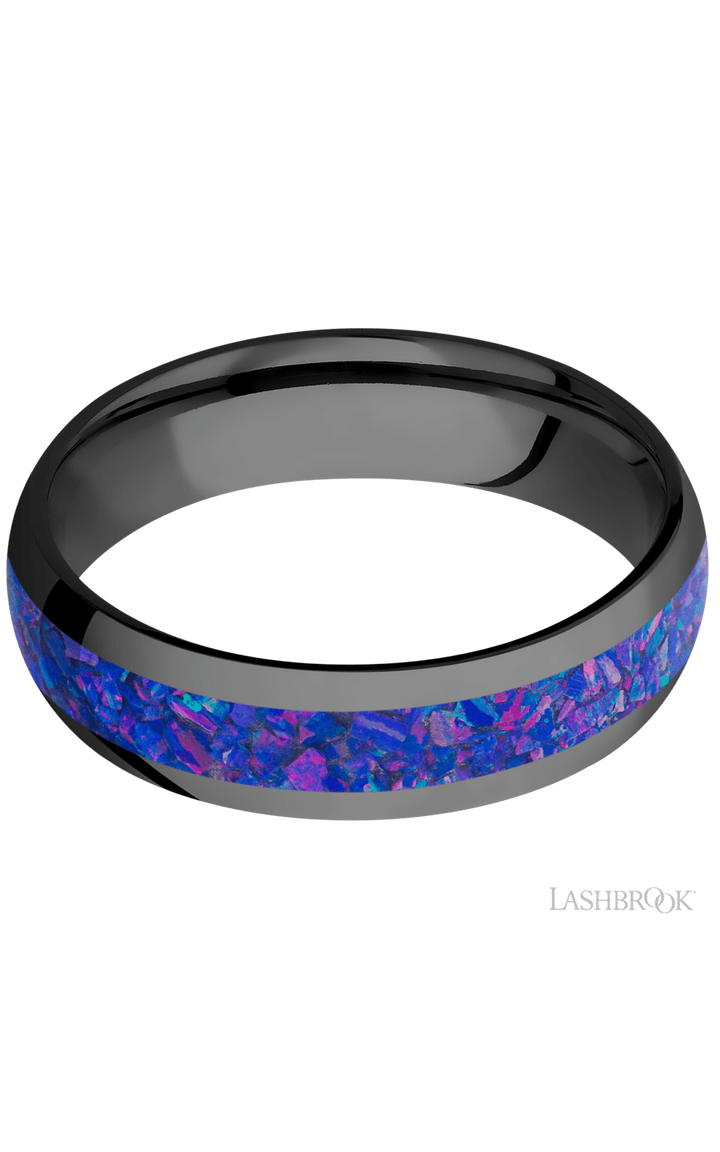 6 mm wide/Domed/Zirconium band with one 3 mm Centered inlay of Purple Opal.