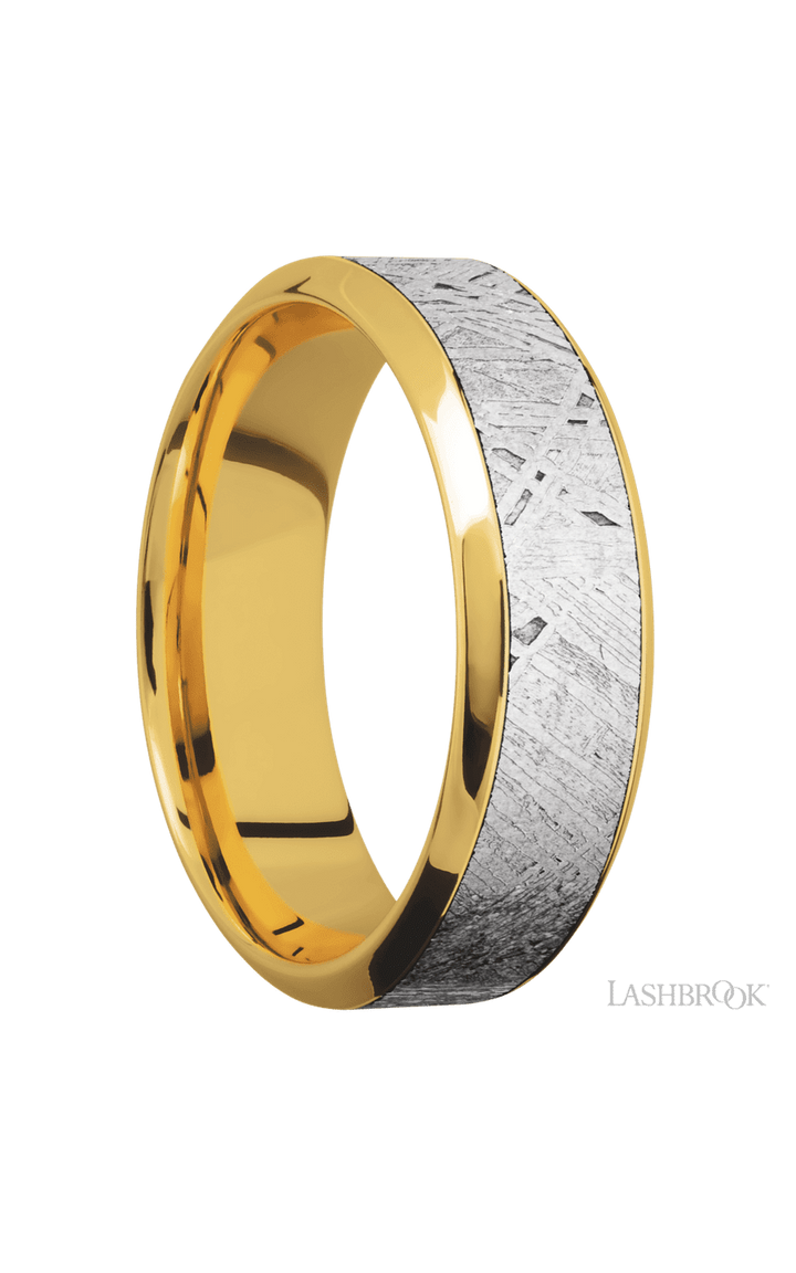 7 mm wide/High Bevel/18K Yellow Gold band with one 4 mm Centered inlay of Meteorite.