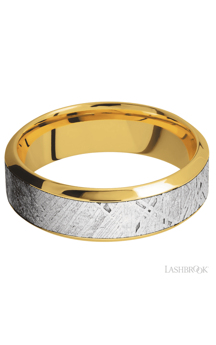 7 mm wide/High Bevel/18K Yellow Gold band with one 4 mm Centered inlay of Meteorite.