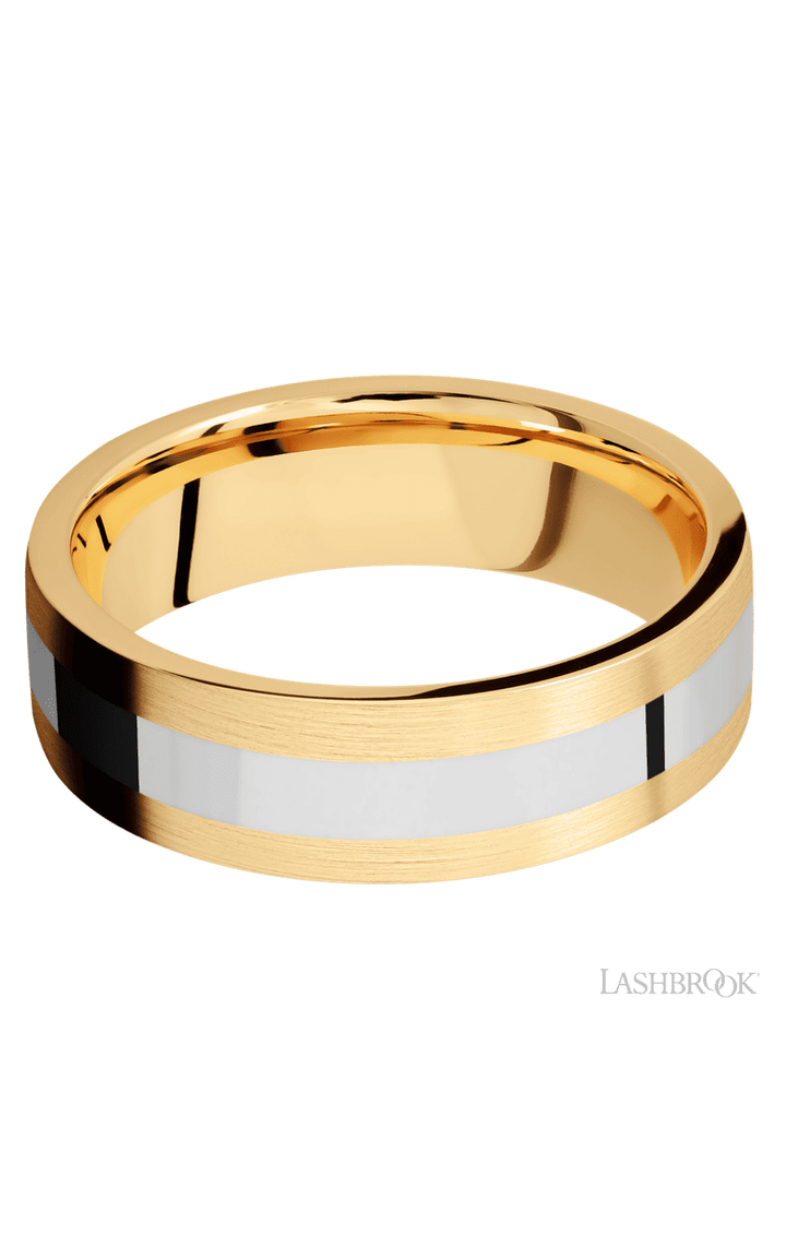 7 mm wide/Flat/14K Yellow Gold band with one 3 mm Centered inlay of 14K White Gold.