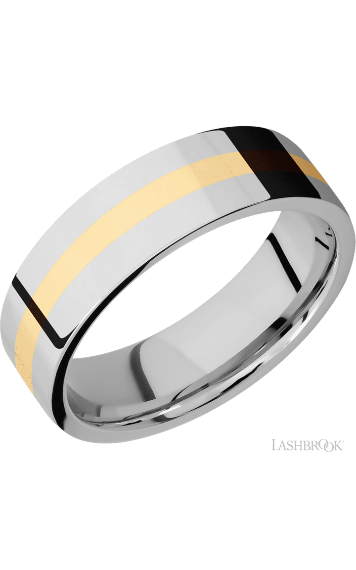 7 mm wide/Flat/14K White Gold band with one 2 mm Centered inlay of 14K Yellow Gold.