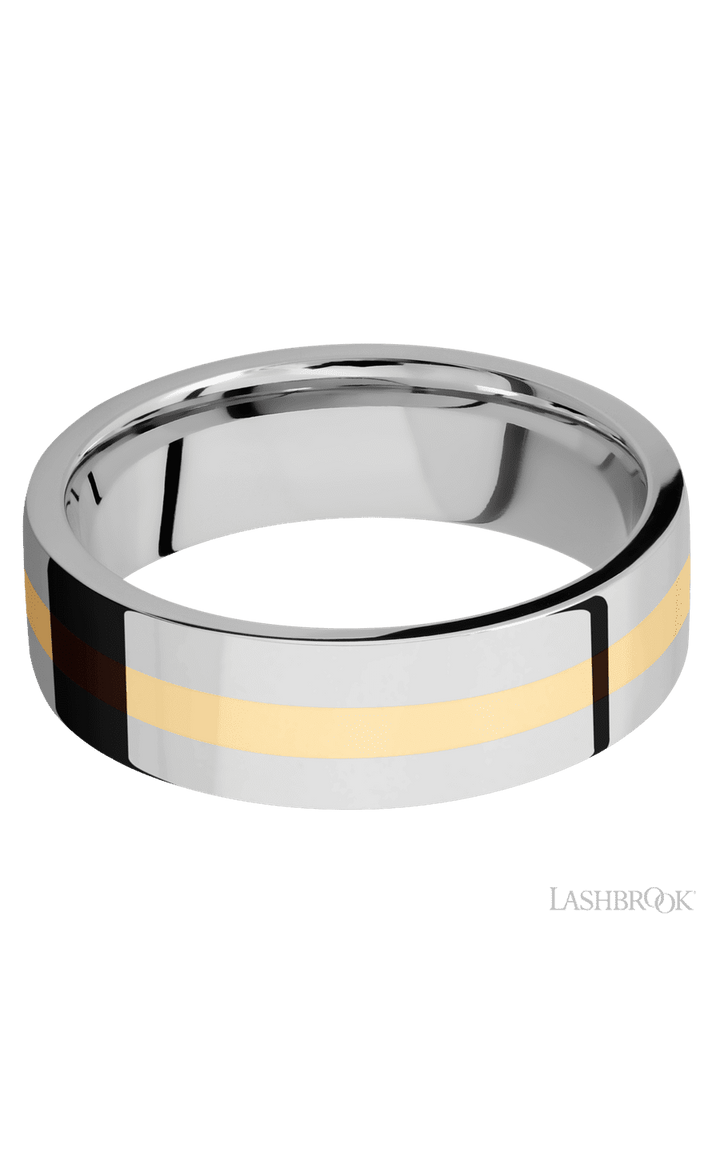 7 mm wide/Flat/14K White Gold band with one 2 mm Centered inlay of 14K Yellow Gold.