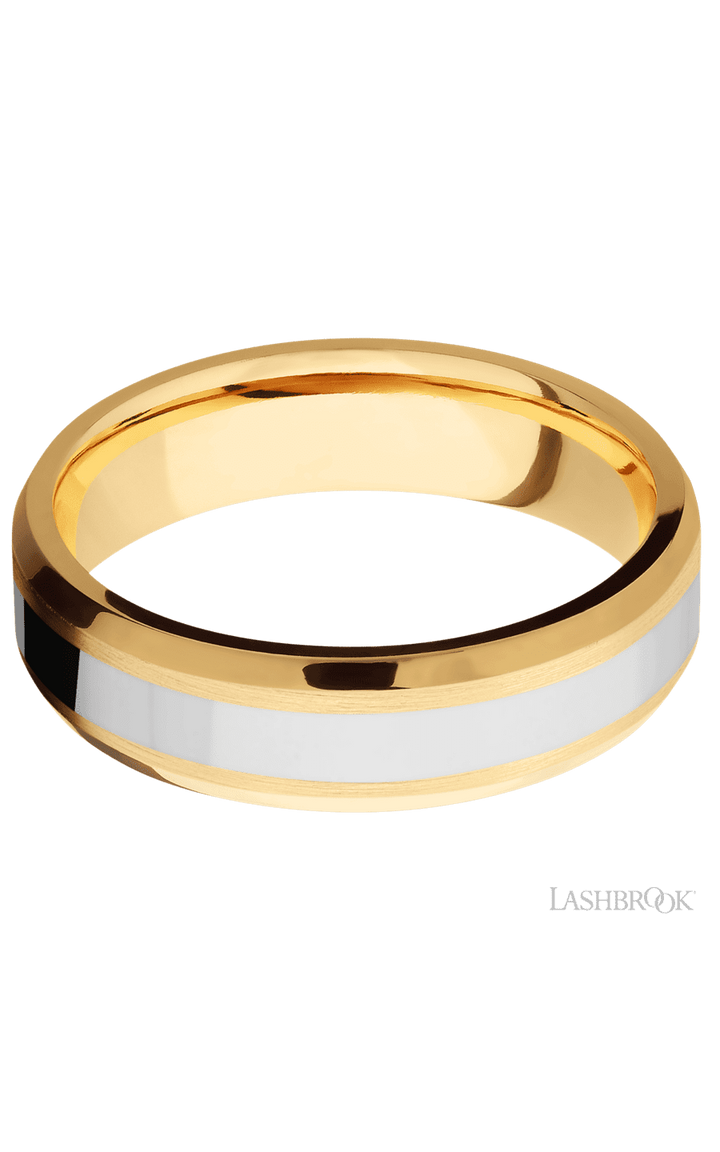 6 mm wide/Beveled/14K Yellow Gold band with one 3 mm Centered inlay of 14K White Gold.