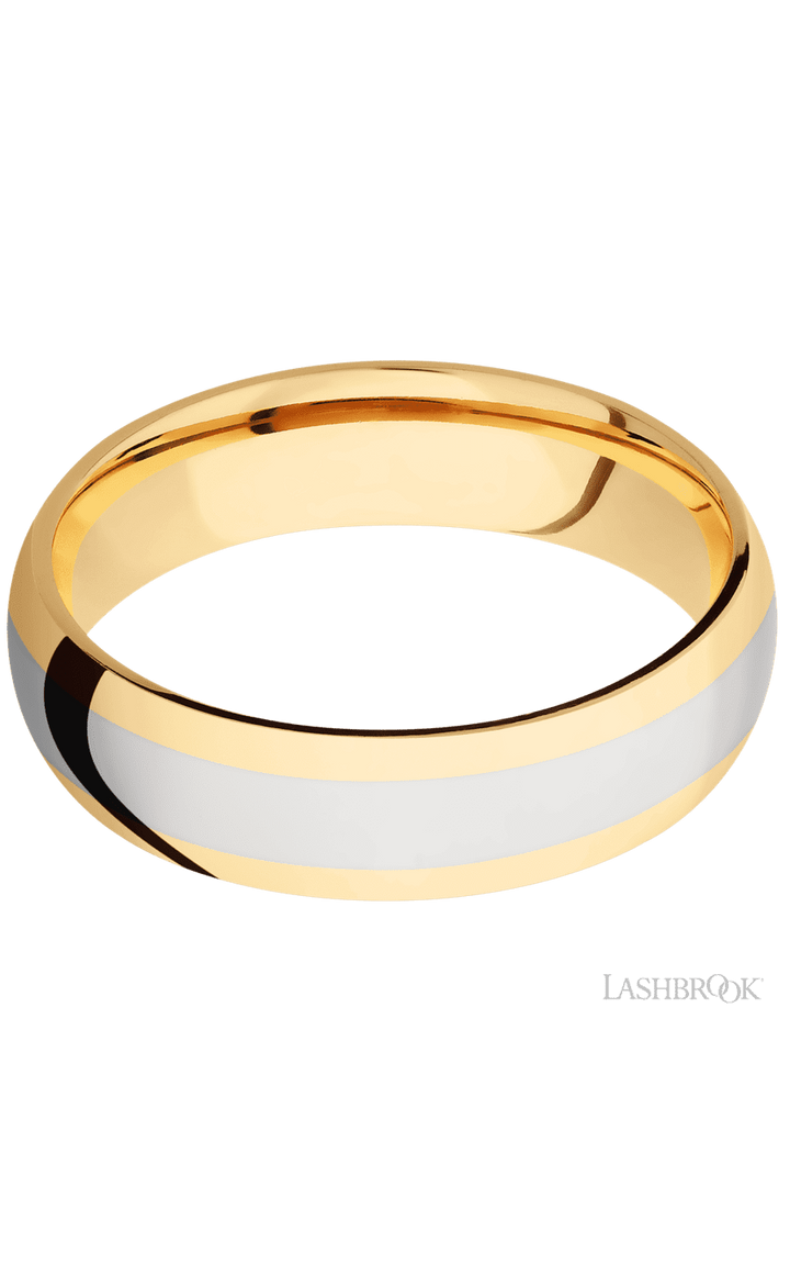 6 mm wide/Domed/14K Yellow Gold band with one 3 mm Centered inlay of 14K White Gold.