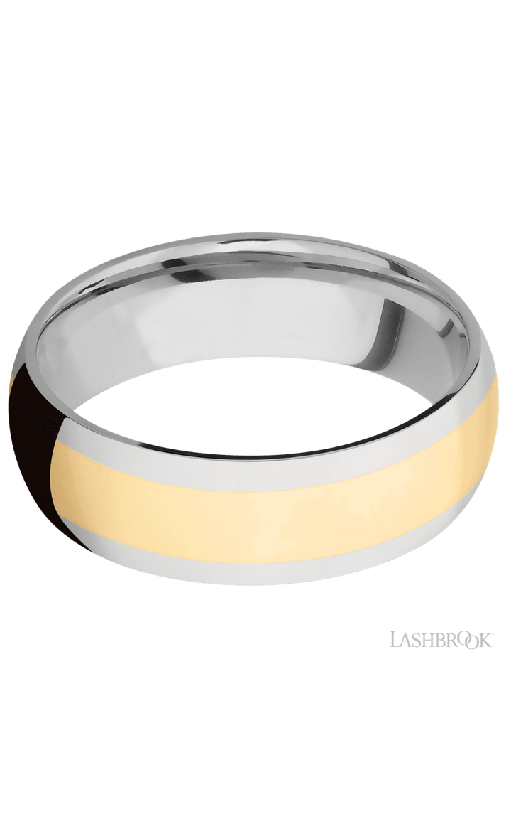 7 mm wide/Domed/14K White Gold band with one 4 mm Centered inlay of 14K Yellow Gold.