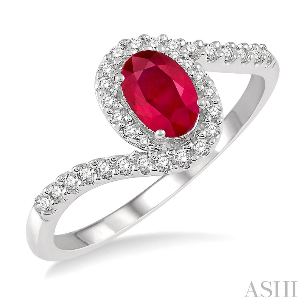 Halo Style Colored Stone Ring 10 KT White with Ruby & Diamond Accent size 7.25