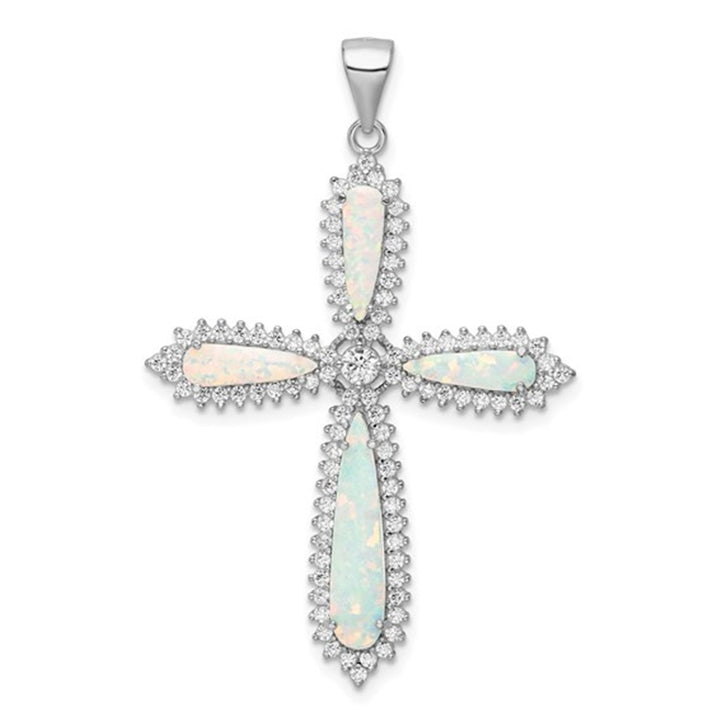 Cross Pendant Sterling Silver White with Pear Opals & Round Cubic Zirconias