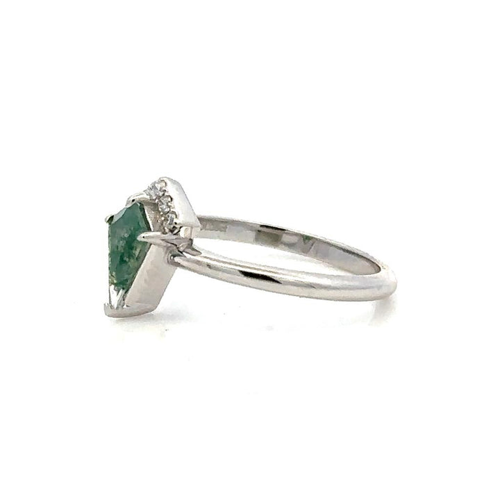 Geometric Style Colored Stone Ring 14 KT White with Moss Agate & Diamonds Accent size 7