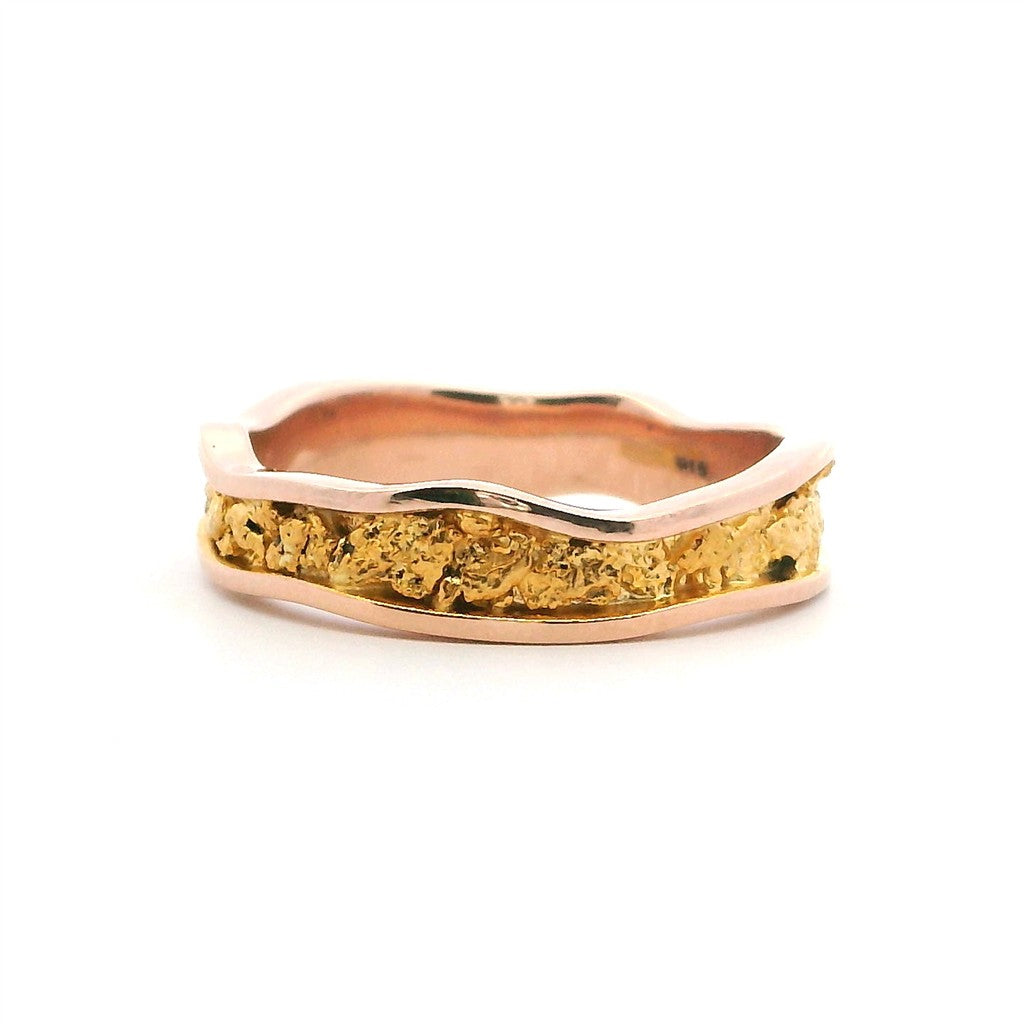 5 mm Wide Wavy Channel Style Womans Gold Nugget Wedding Band 14 Karat Gold & Alaskan Gold Nugget Rose size 9