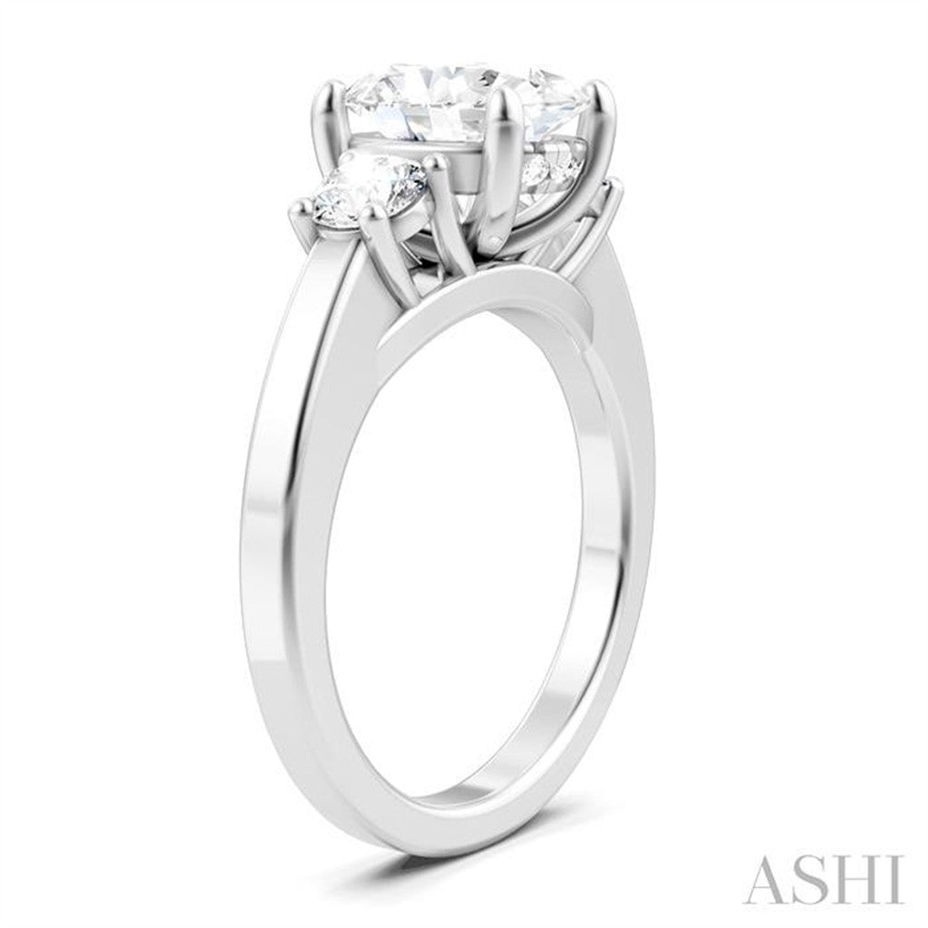 Three Stone Diamond Engagement Ring White 14 Karat Gold For A 2.00 Carat Oval Center Stone