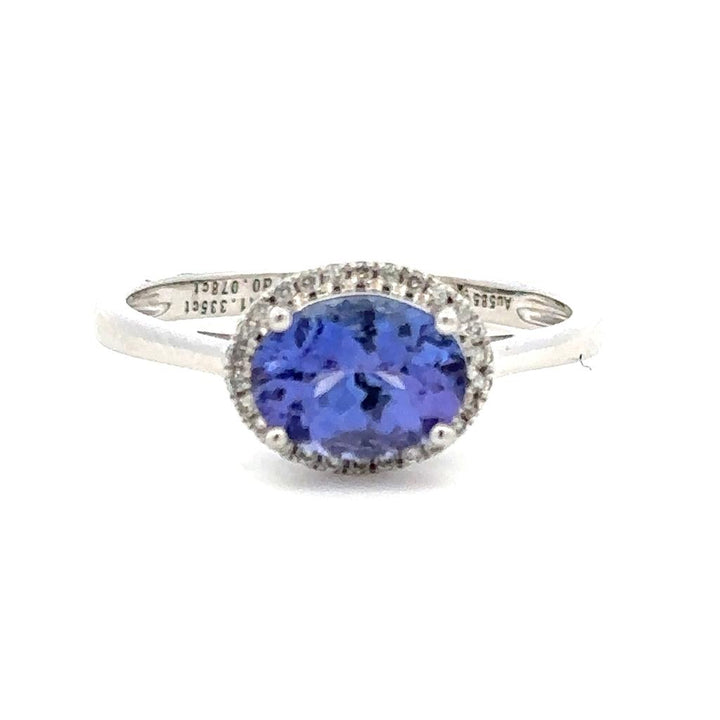 Halo Style Colored Stone Ring 14 KT White with Tanzanite & Diamonds Accent size 7