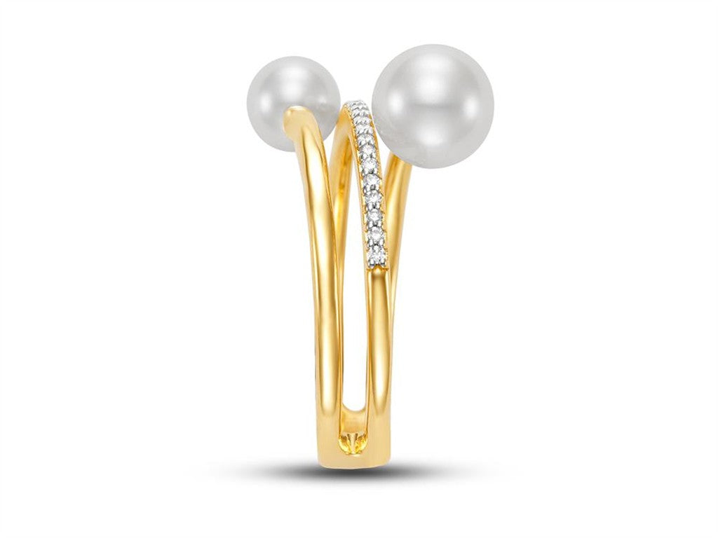 2 Stone Style Pearl Ring 18 Karat Gold Yellow with Fresh Water Pearl & Diamonds Accent & Fresh Water Pearl Accent size 7.25