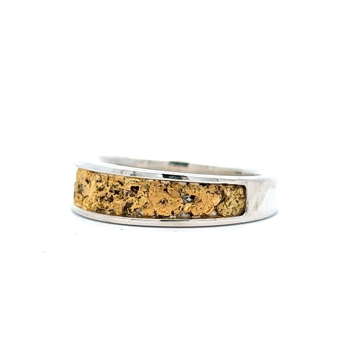 6X4mm Wide Tapered Channel Style Mens Gold Nugget Wedding Band Continuum Silver & Alaskan Gold Nugget Two Tone size 10.5