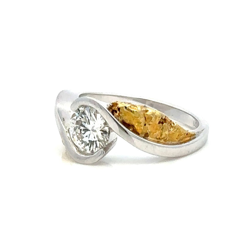 Bypass Style Diamond Engagement Ring14 Karat Gold & Alaskan Gold Nugget White & Yellow