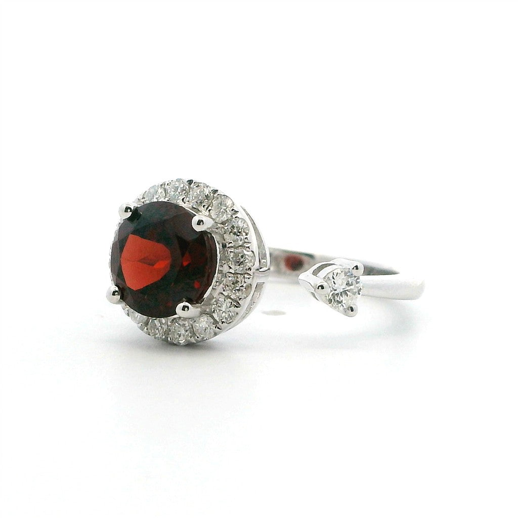 Halo Style Colored Stone Ring 14 Karat White with Garnet Mozambique & Diamonds Accent size 7