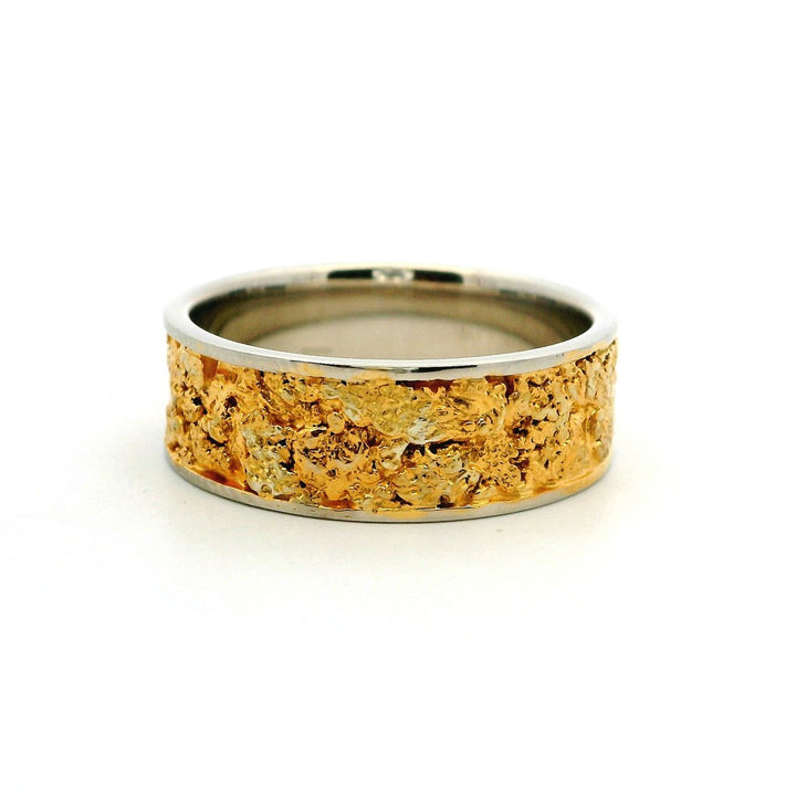 8 mm Wide Straight Channel Style Mens Gold Nugget Wedding Band 14 Karat Gold & Alaskan Gold Nugget White size 10.5