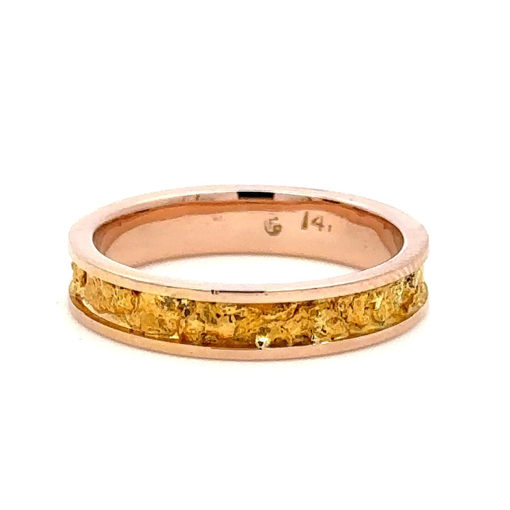 4mm Wide Straight Channel Style Womans Wedding Bands With Gold Nugget 14 Karat Gold & Alaskan Gold Nugget Rose size 7