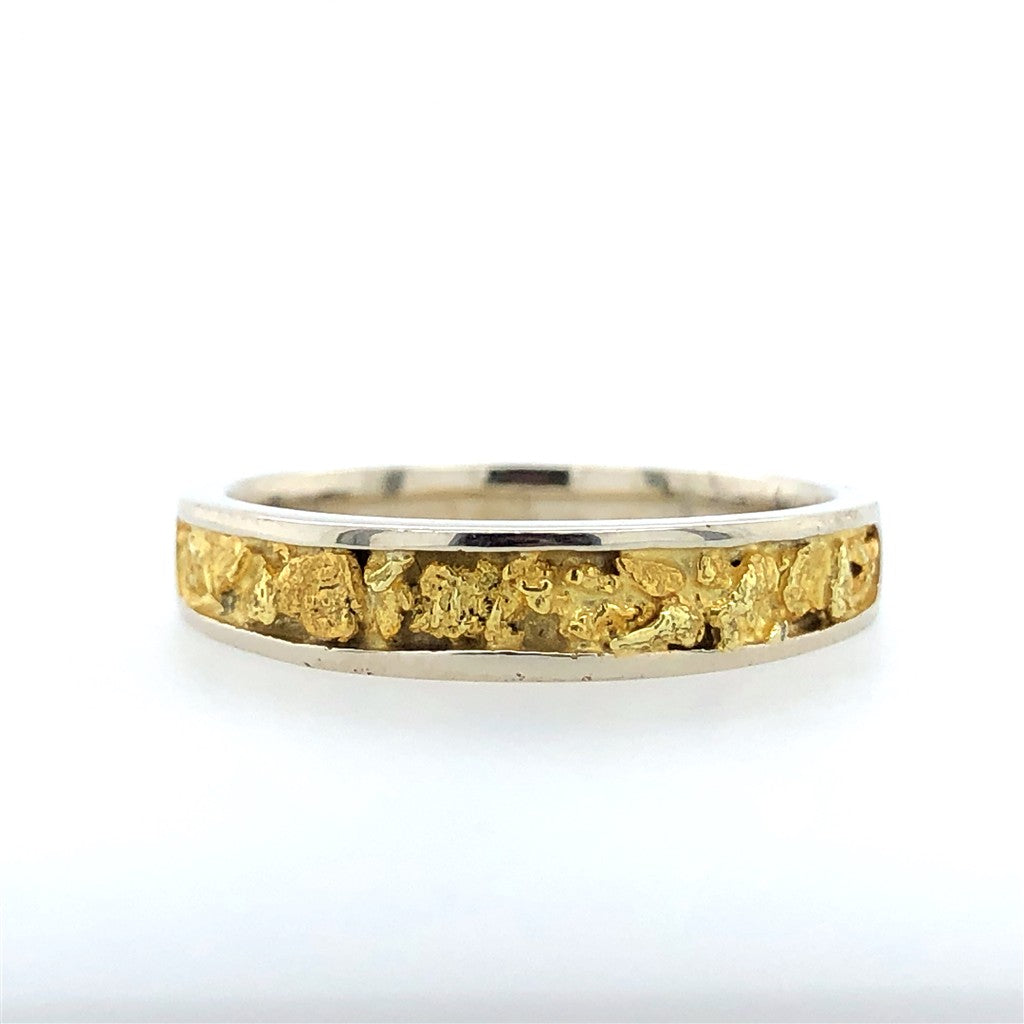 4X2mm Wide Half Channel Tapered Style Womans Wedding Bands With Gold Nugget 14 Karat Gold & Alaskan Gold Nugget Two Tone size 7.75