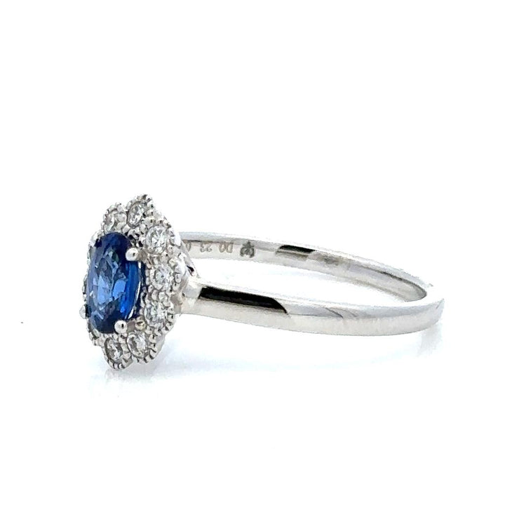 Halo Style Colored Stone Ring 18 KT White with Sapphire & Diamonds Accent size 6.75