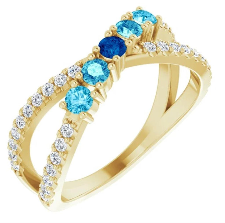 5 Stone Style Colored Stone Ring 14 Karat Gold Yellow with Aquas & Blue Zircon Accent & Sapphire Accent size 7