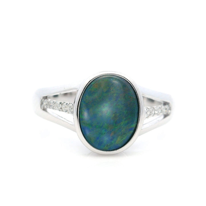 Geometric Style Colored Stone Ring 14 Karat Gold White with Opal & Diamond Accent size 7