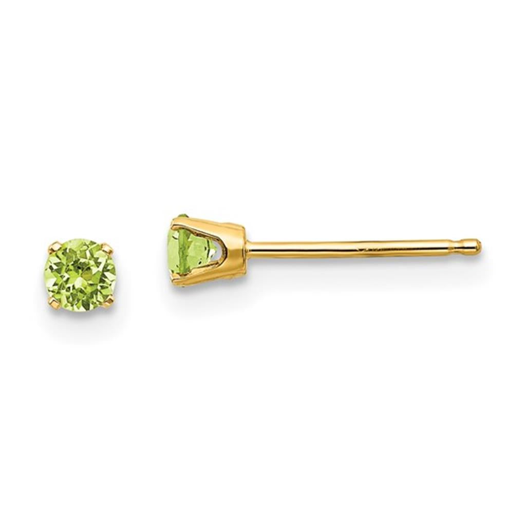 14 KT Yellow Birth Stone Stud Earrings With 4mm Round Peridot