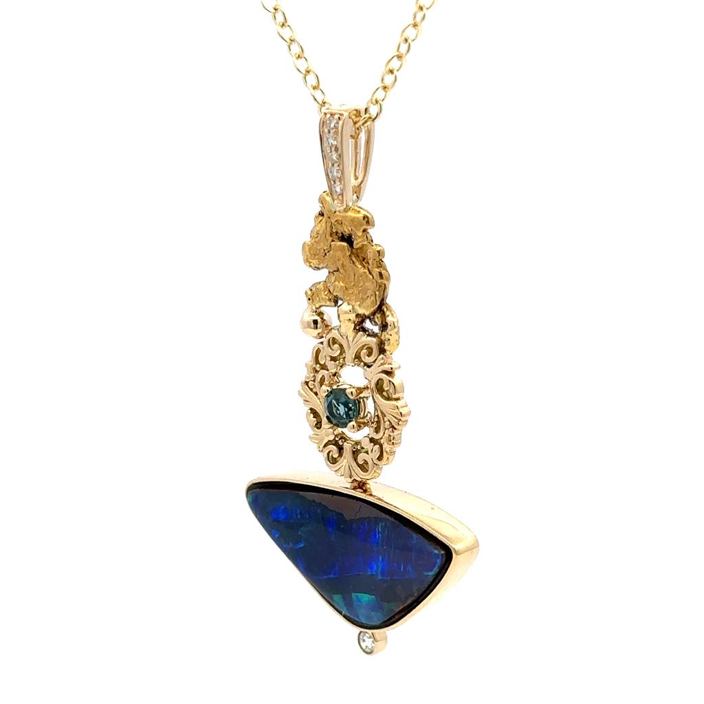 Yuarta Drop Pendants 18 KT Yellow with Trillian Opal & Round Sapphire & Round Diamonds