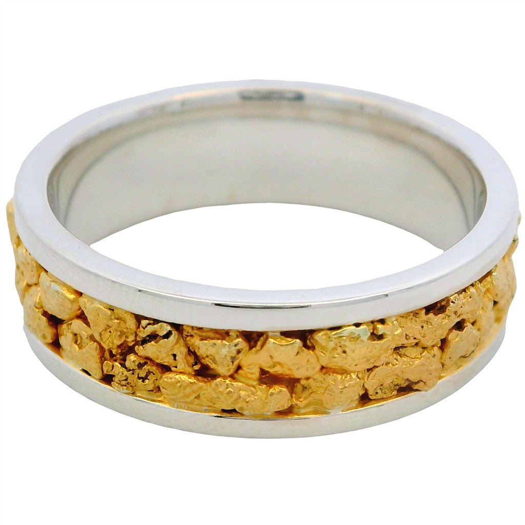 Straight Channel Band Men's Ring Sterling Silver & Alaskan Gold Nugget Size 10.5