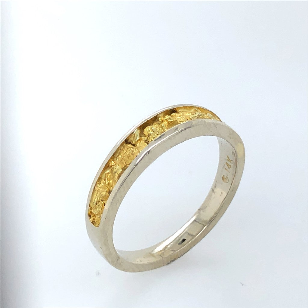 4X2mm Wide Half Channel Tapered Style Womans Wedding Bands With Gold Nugget 14 Karat Gold & Alaskan Gold Nugget Two Tone size 7.75