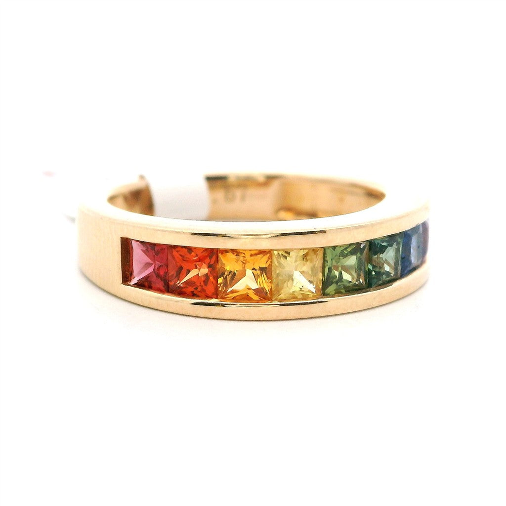 Geometric Style Colored Stone Ring 14 Karat Yellow with Sapphire size 7