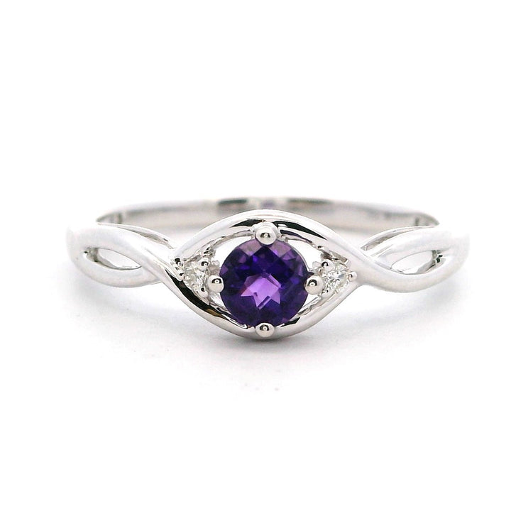 3 Stone Style Colored Stone Ring 14 Karat White with Amethyst & Diamonds Accent size 7