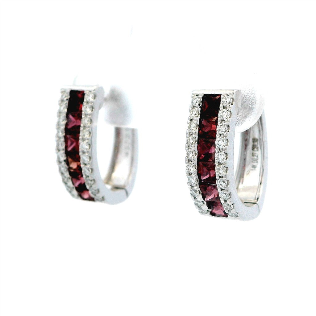 Earrings Dangles Gold Or Platinum Colored Stone Huggie Hoop 14 Karat Silver With 1.37ctw Ruby 0.32 ctw & Diamond