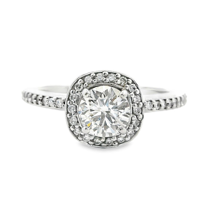 Halo Diamond Engagement Ring White 14 Karat Gold With A 0.65 Carat Round Shape Diamond Center & Round Shape Diamonds Side Stones