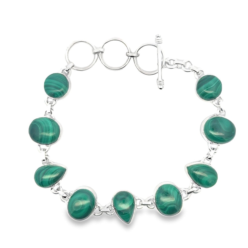 Cable Link Style Gemstone Bracelet Sterling Silver Silver With Malachites 9" Long