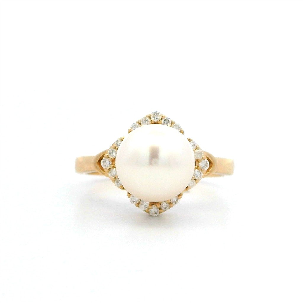 Halo Style Colored Stone Ring 14 Karat Yellow with Fresh Water Pearl & Diamonds Accent size 7