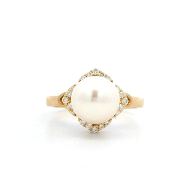 Halo Style Colored Stone Ring 14 Karat Yellow with Fresh Water Pearl & Diamonds Accent size 7