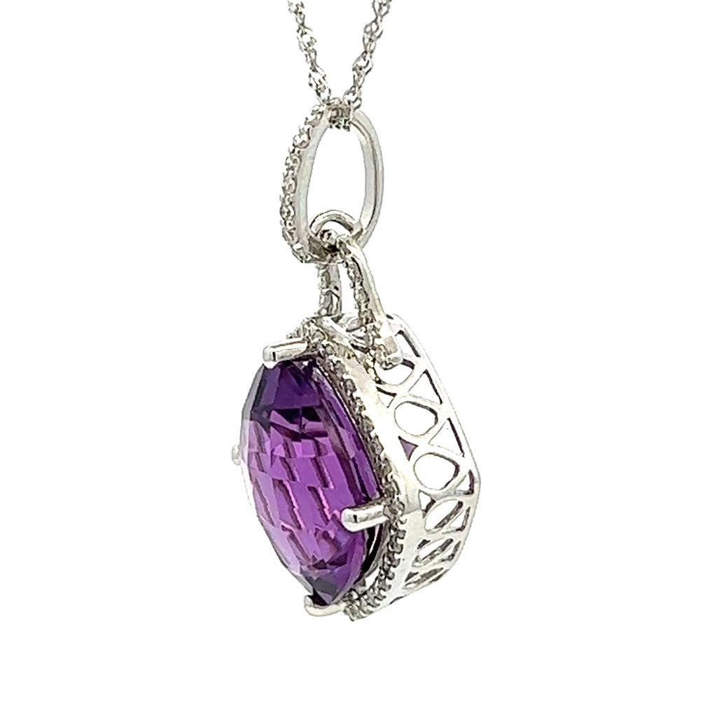 Halo Pendants 14 Karat Gold White with Cushion Amethyst & Round Diamonds