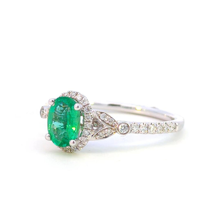Halo Style Colored Stone Ring 14 KT White with Emerald & Diamonds Accent size 8