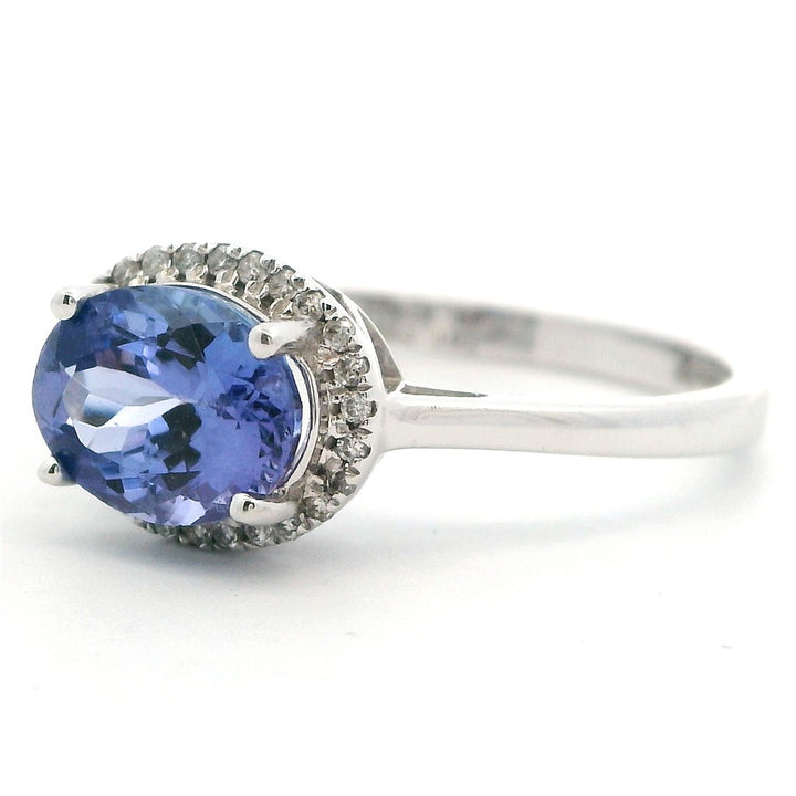 Halo Style Colored Stone Ring 14 Karat Gold White with Tanzanite & Diamonds Accent size 7